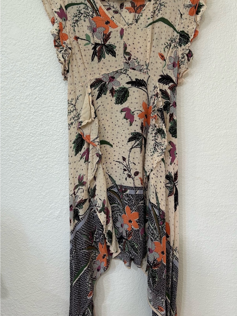 Angie Floral V-Neck Dress in Cream, Orange & Purple